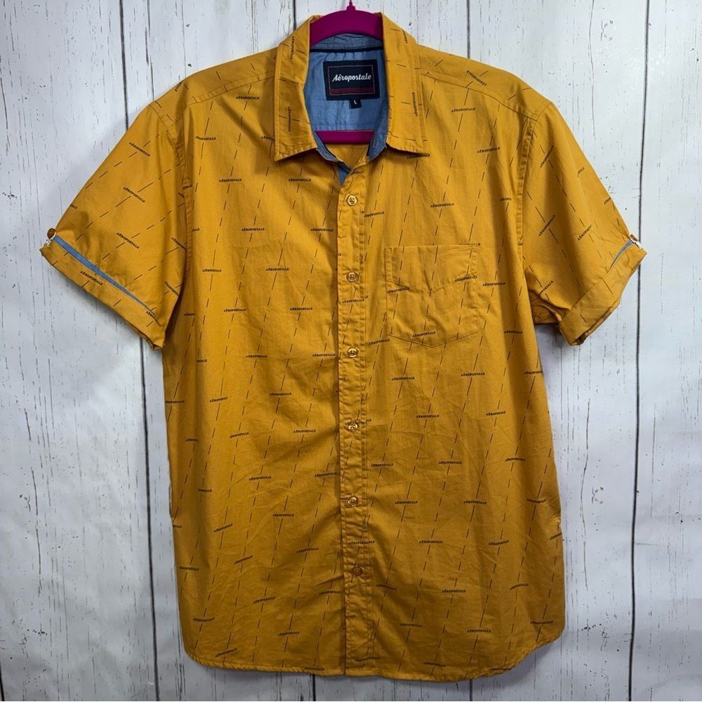 Aeropostale Yellow Button Up Shirt Logo Print Short Sleeve Size L Streetwear